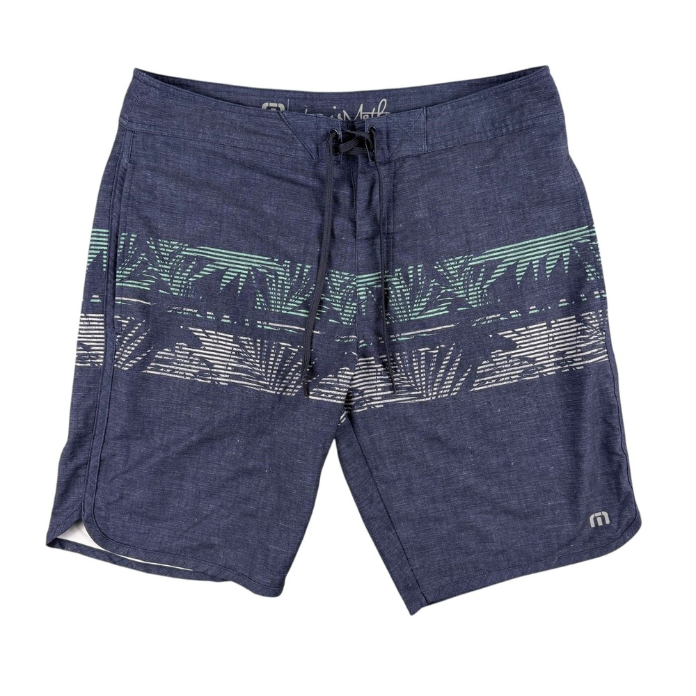 Travis Mathew Navy Blue Board Shorts with Mint and White Stripe Print
